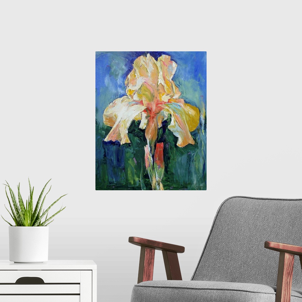 A modern room featuring Oil floral painting of a single Irish flower.