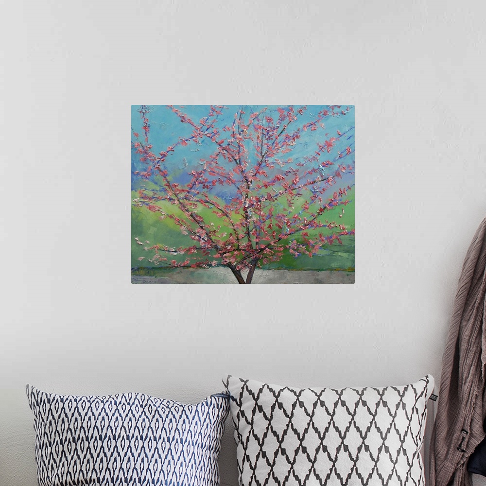 A bohemian room featuring Big floral painting that showcases a close-up of a Eastern Redbud Tree with rough texture.