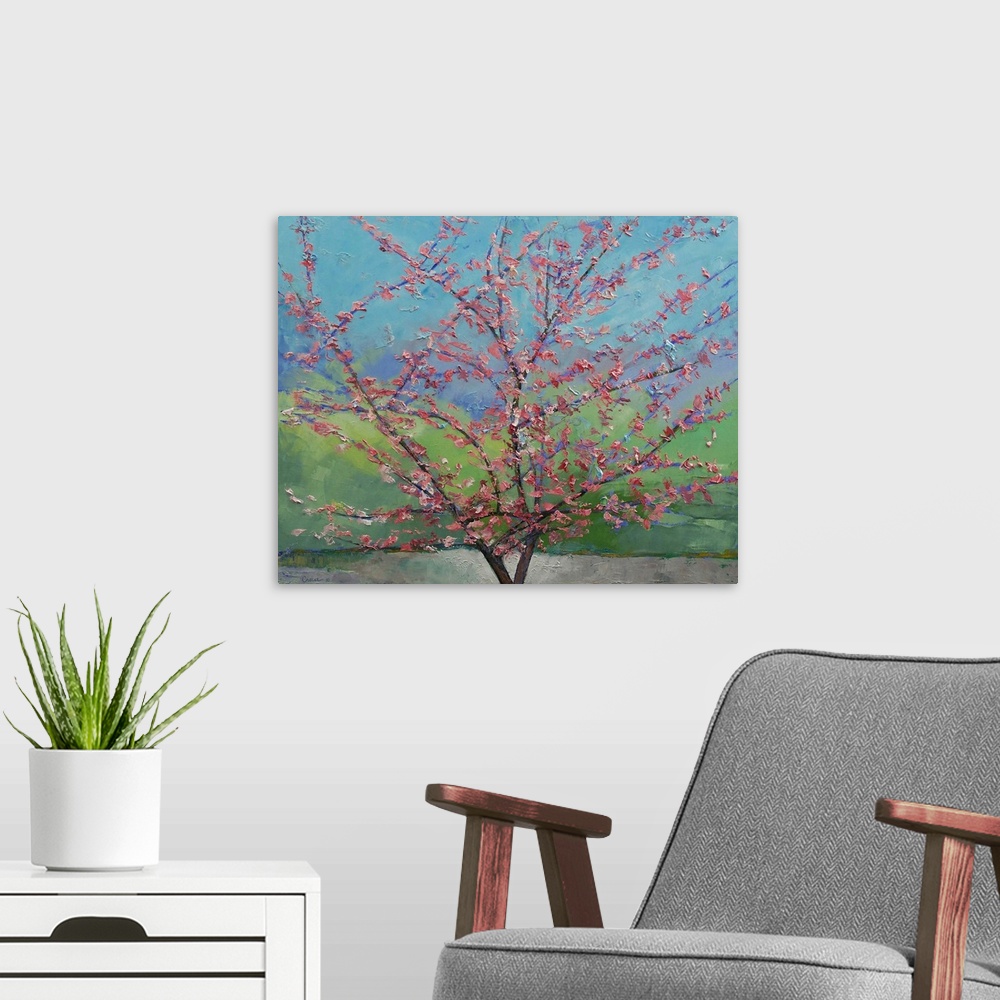 A modern room featuring Big floral painting that showcases a close-up of a Eastern Redbud Tree with rough texture.