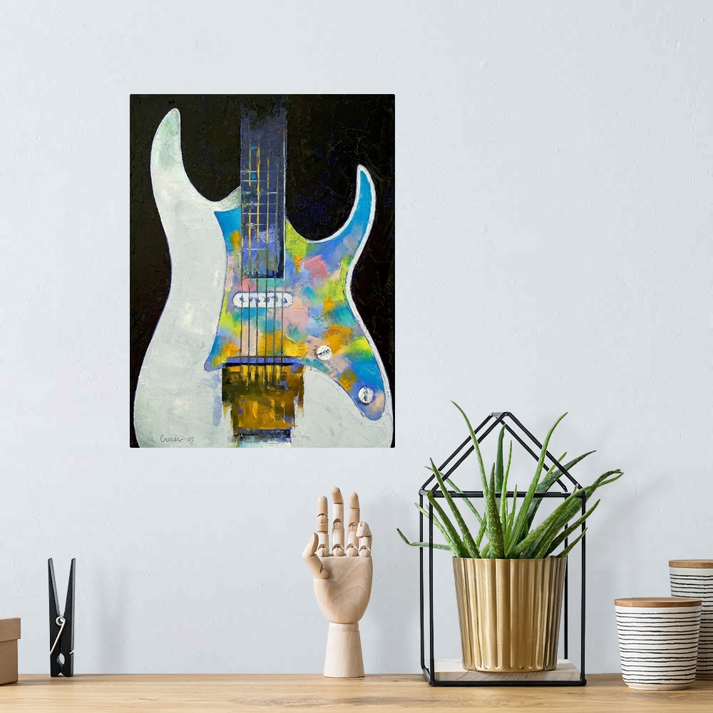 A bohemian room featuring Up-close, pastel colored oil painting of the bottom half of a guitar by an American artist and pa...