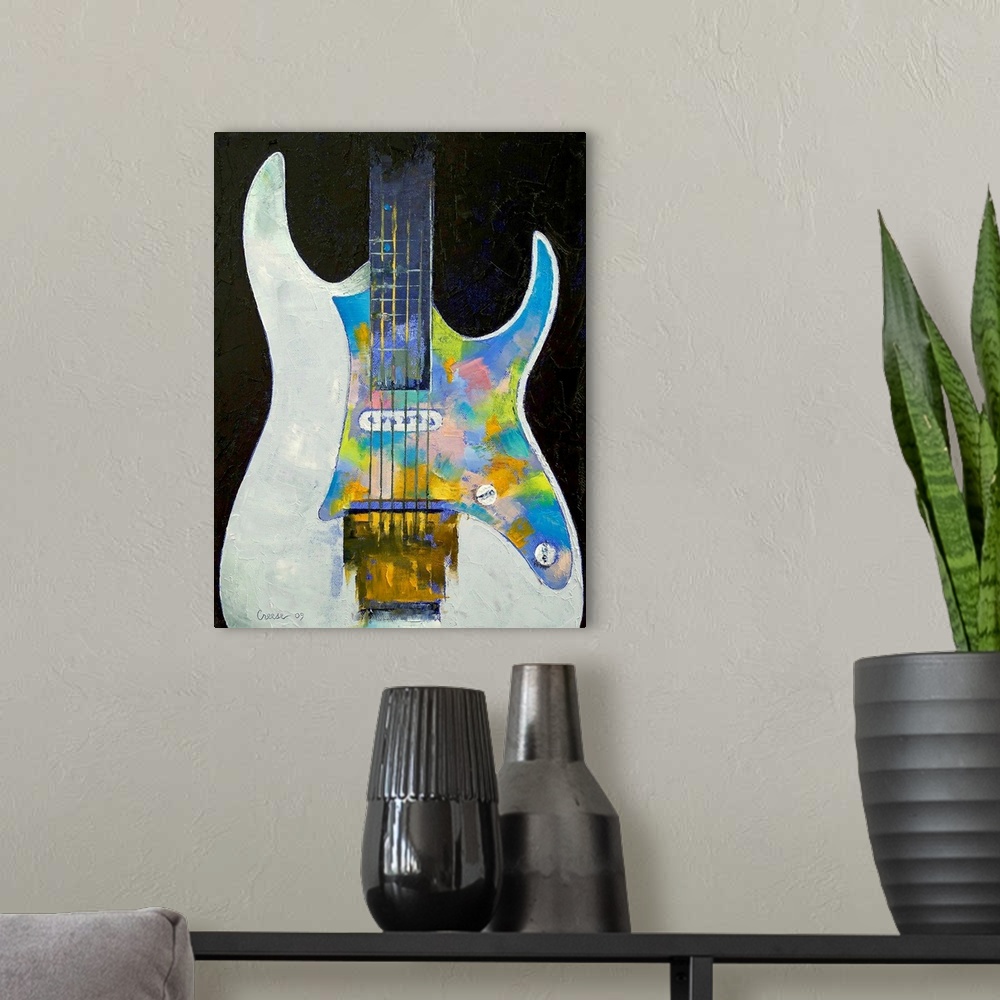 A modern room featuring Up-close, pastel colored oil painting of the bottom half of a guitar by an American artist and pa...