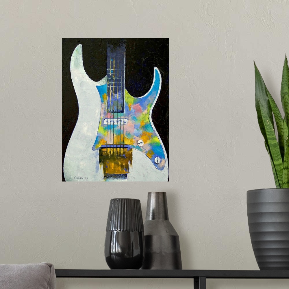 A modern room featuring Up-close, pastel colored oil painting of the bottom half of a guitar by an American artist and pa...
