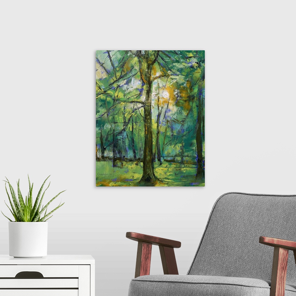 A modern room featuring A vertical painting of a tree in a forest illuminated by sunlight shining through leaves.