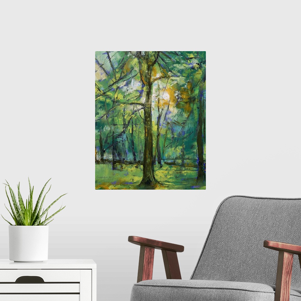A modern room featuring A vertical painting of a tree in a forest illuminated by sunlight shining through leaves.