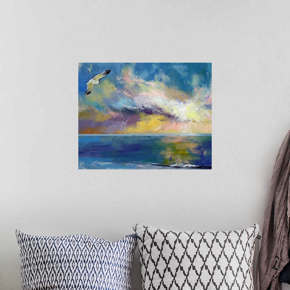 A bohemian room featuring Giclee print of an oil painting depicting a seagull flying through a colorful sky reflecting in t...