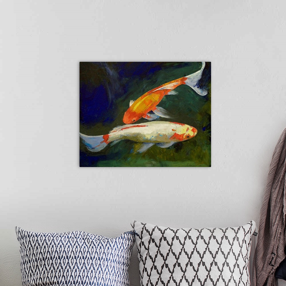A bohemian room featuring Giant contemporary art focuses on a couple vibrantly colored animals with gills and fins calmly s...