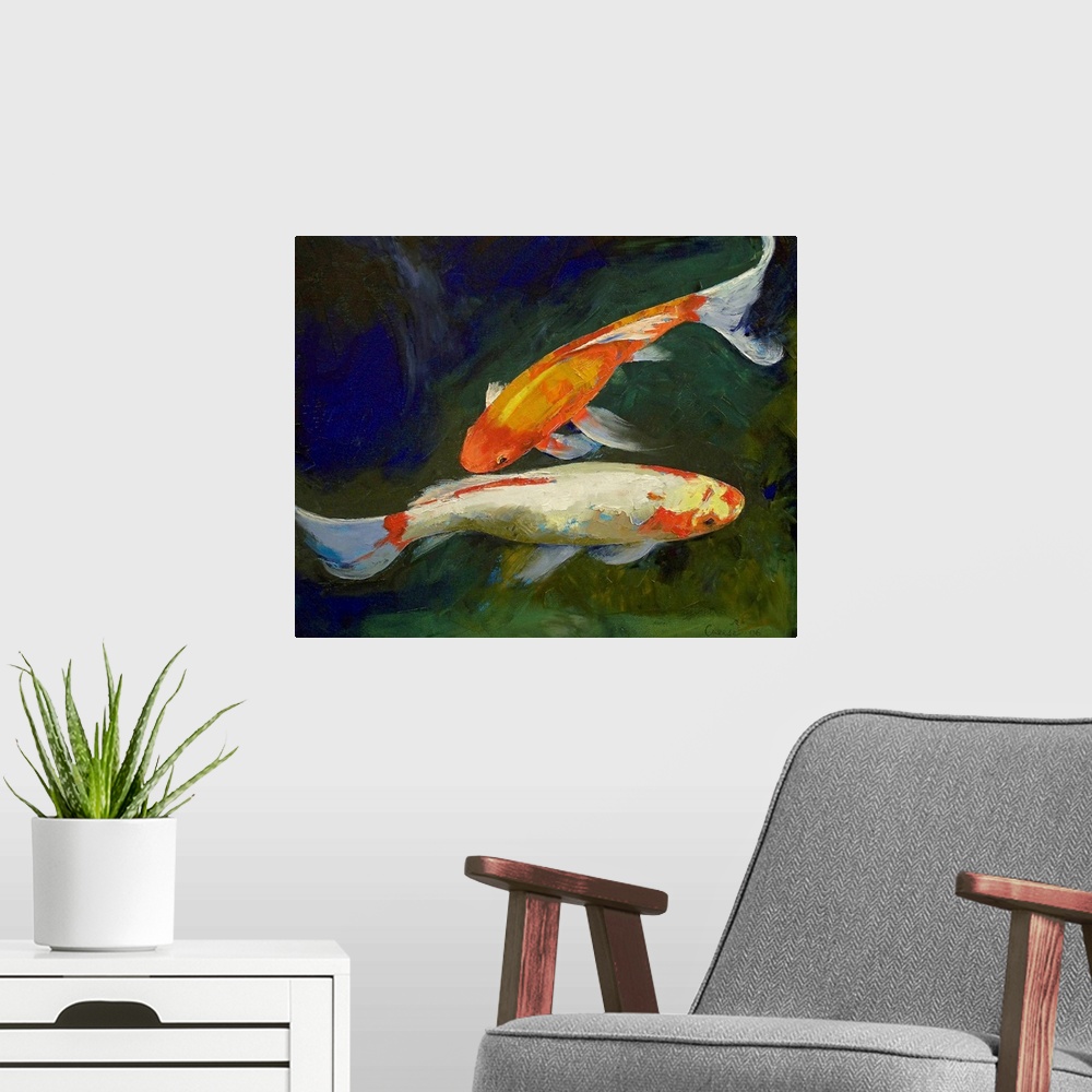 A modern room featuring Giant contemporary art focuses on a couple vibrantly colored animals with gills and fins calmly s...