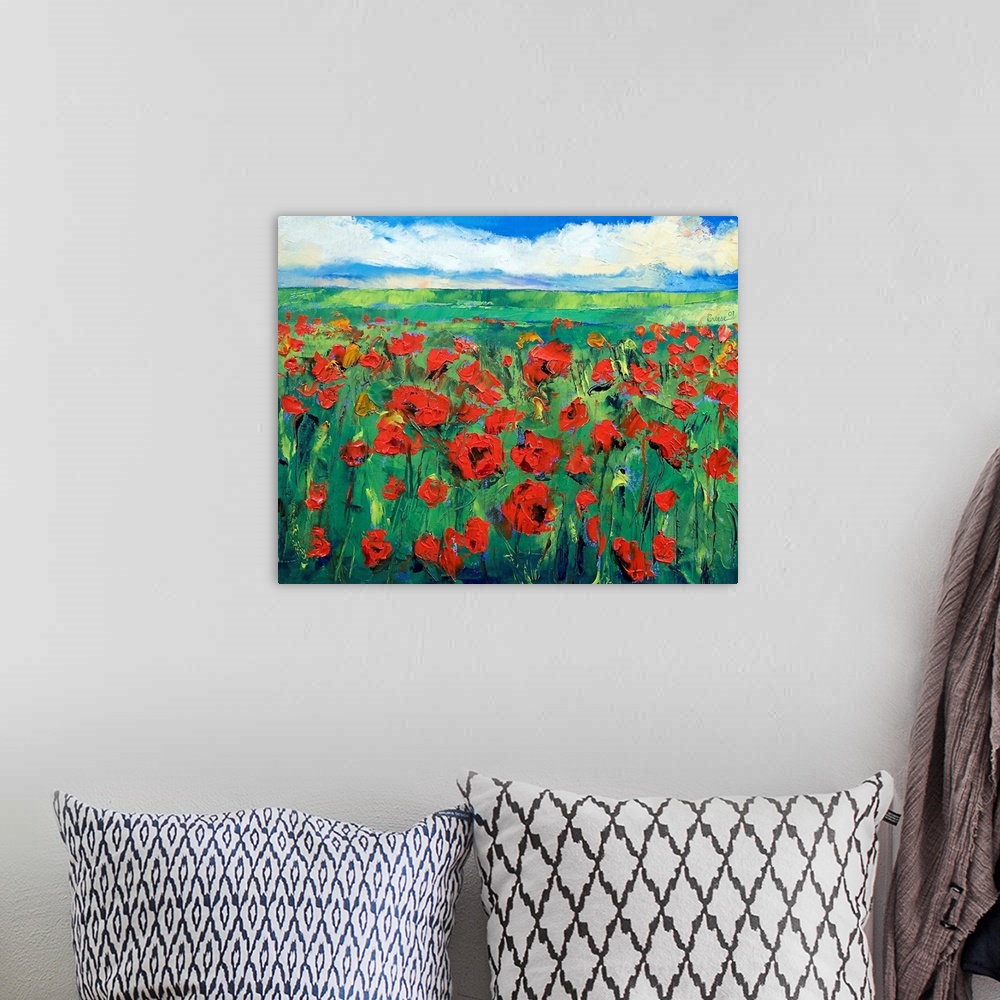 A bohemian room featuring Canvas painting of a large field of poppies stretching into the distance. Rolling hills and a clo...