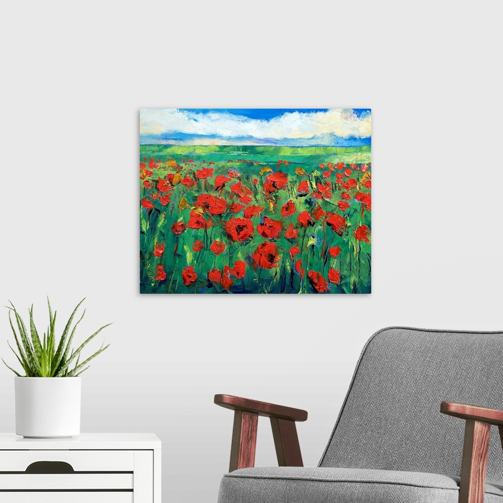 A modern room featuring Canvas painting of a large field of poppies stretching into the distance. Rolling hills and a clo...