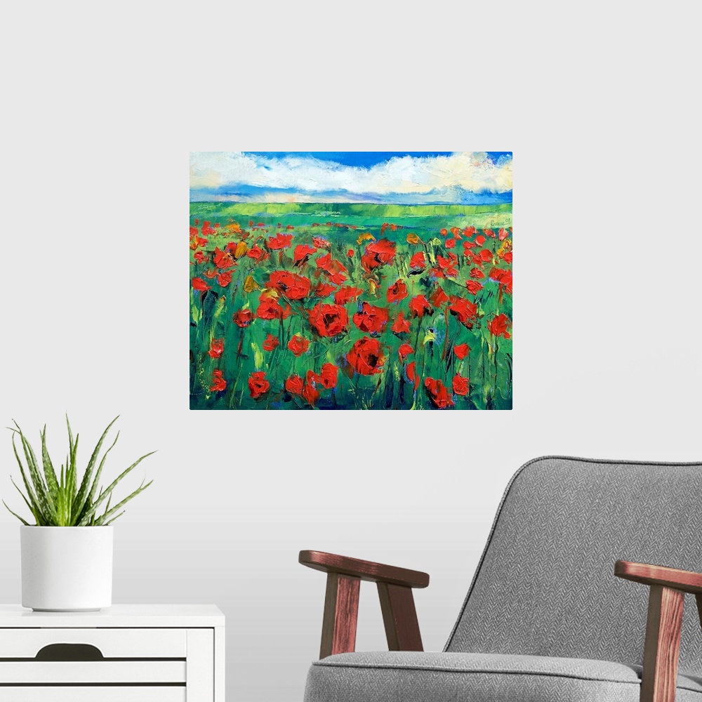 A modern room featuring Canvas painting of a large field of poppies stretching into the distance. Rolling hills and a clo...
