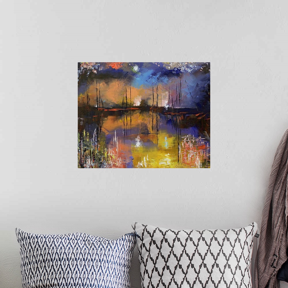 A bohemian room featuring Big canvas art portrays a scene of boats sitting under a night sky as pyrotechnics burst in the b...