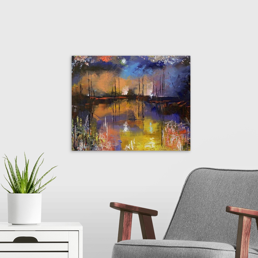 A modern room featuring Big canvas art portrays a scene of boats sitting under a night sky as pyrotechnics burst in the b...