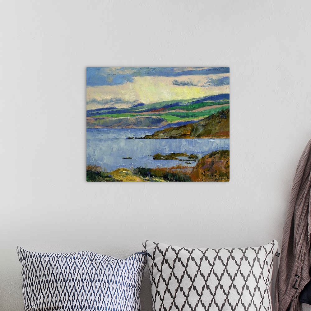 A bohemian room featuring Oil on canvas large wall landscape painting of the Firth of Clyde in the British Isles. Clear wat...