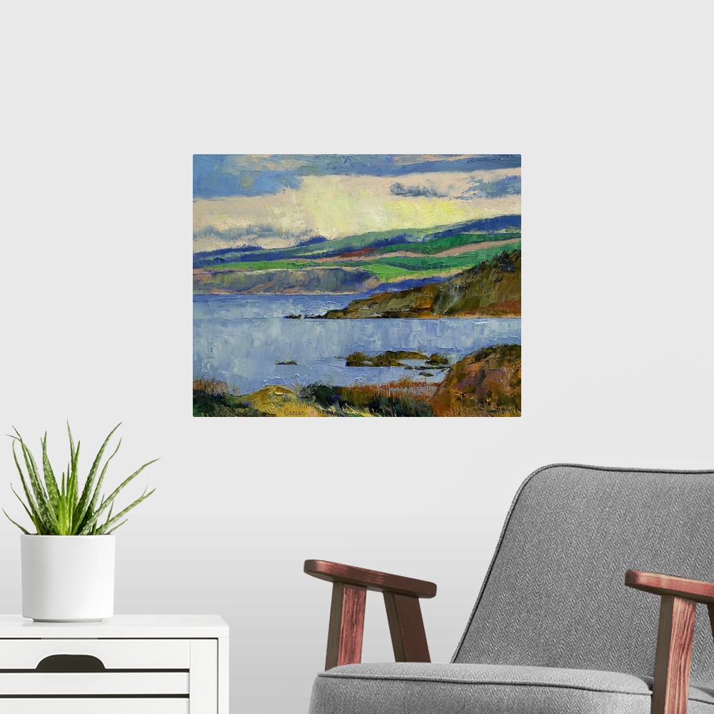 A modern room featuring Oil on canvas large wall landscape painting of the Firth of Clyde in the British Isles. Clear wat...