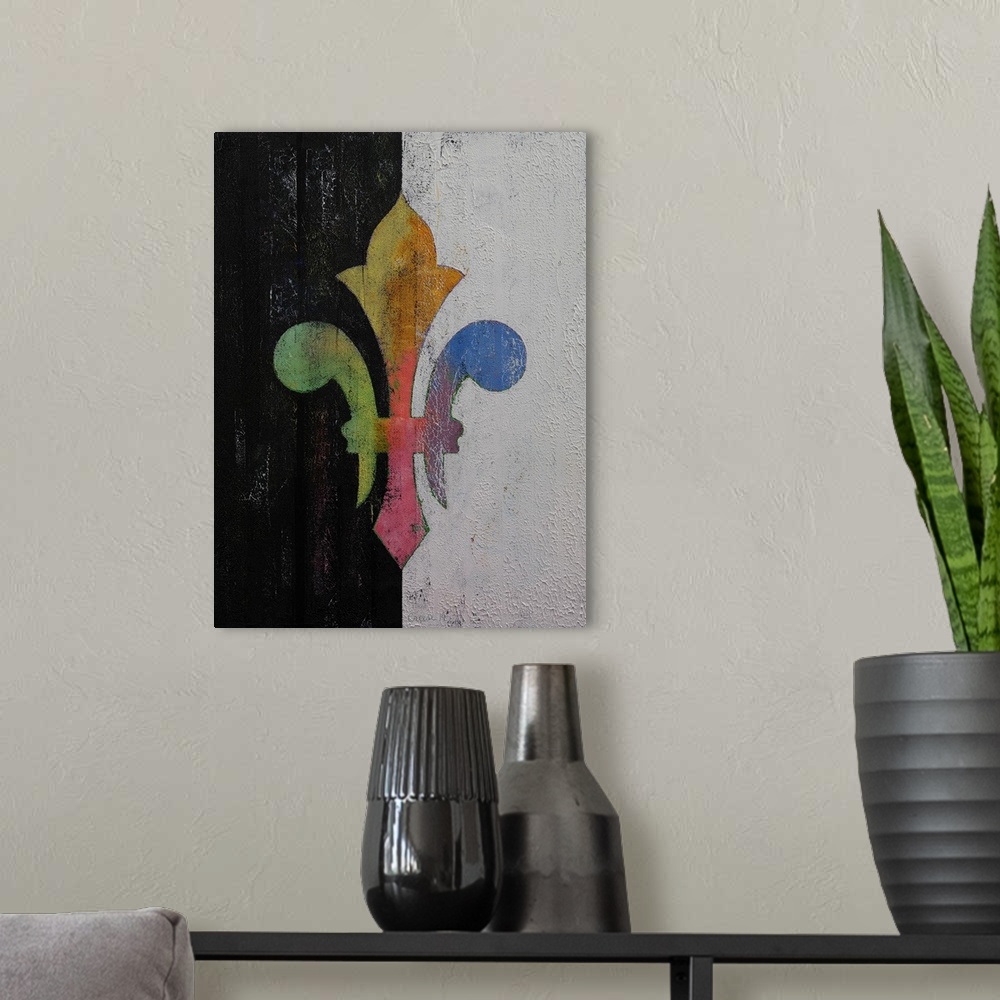 A modern room featuring A contemporary painting of a colorful symbol against a split black and white background.