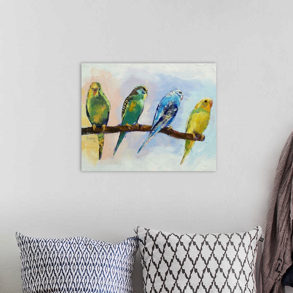 A bohemian room featuring A decorative painting perfect for the home of four colorful parakeets sitting out on a branch.