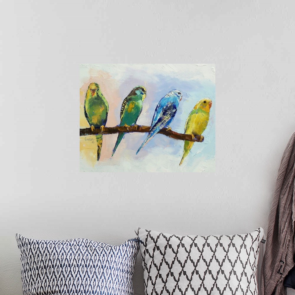 A bohemian room featuring A decorative painting perfect for the home of four colorful parakeets sitting out on a branch.