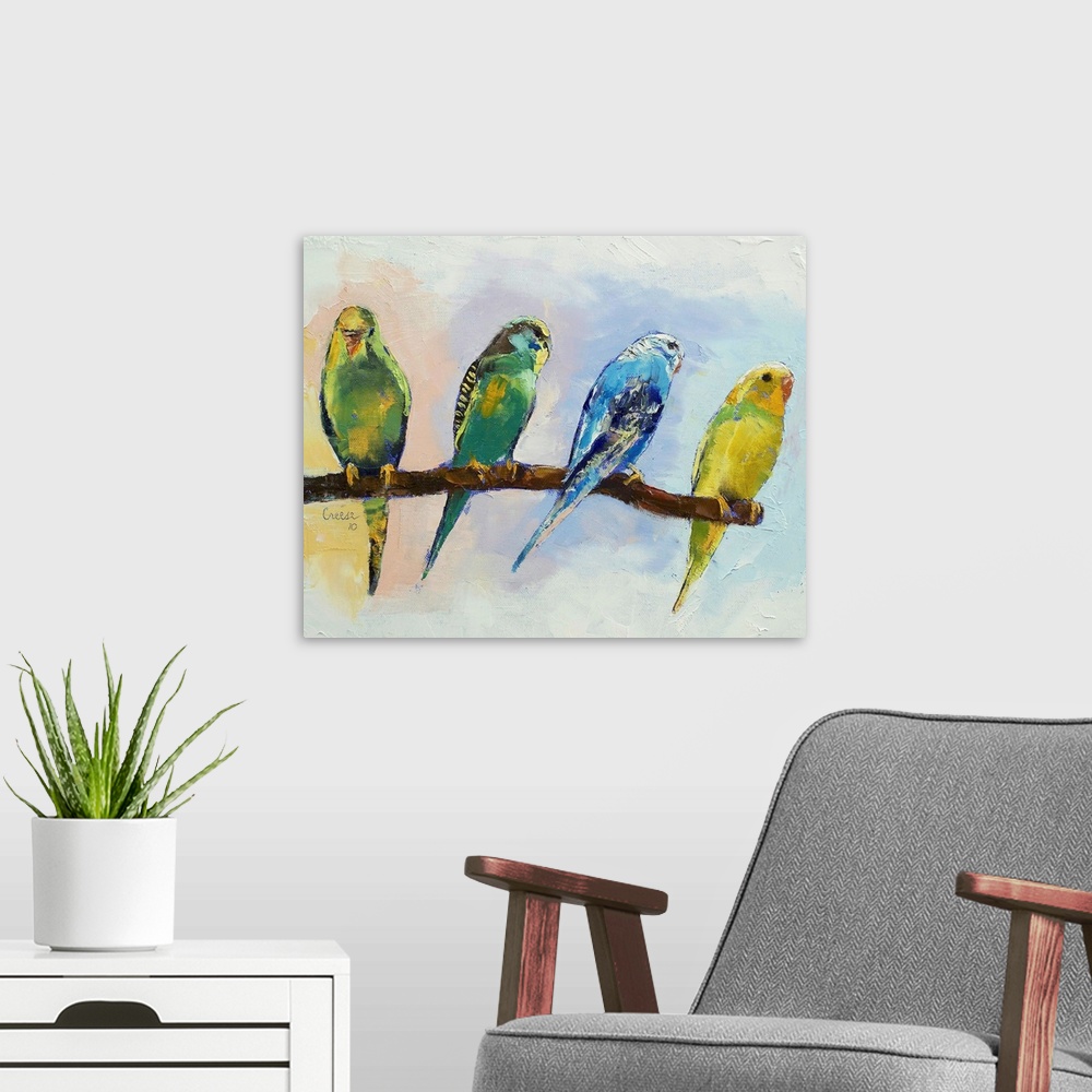 A modern room featuring A decorative painting perfect for the home of four colorful parakeets sitting out on a branch.