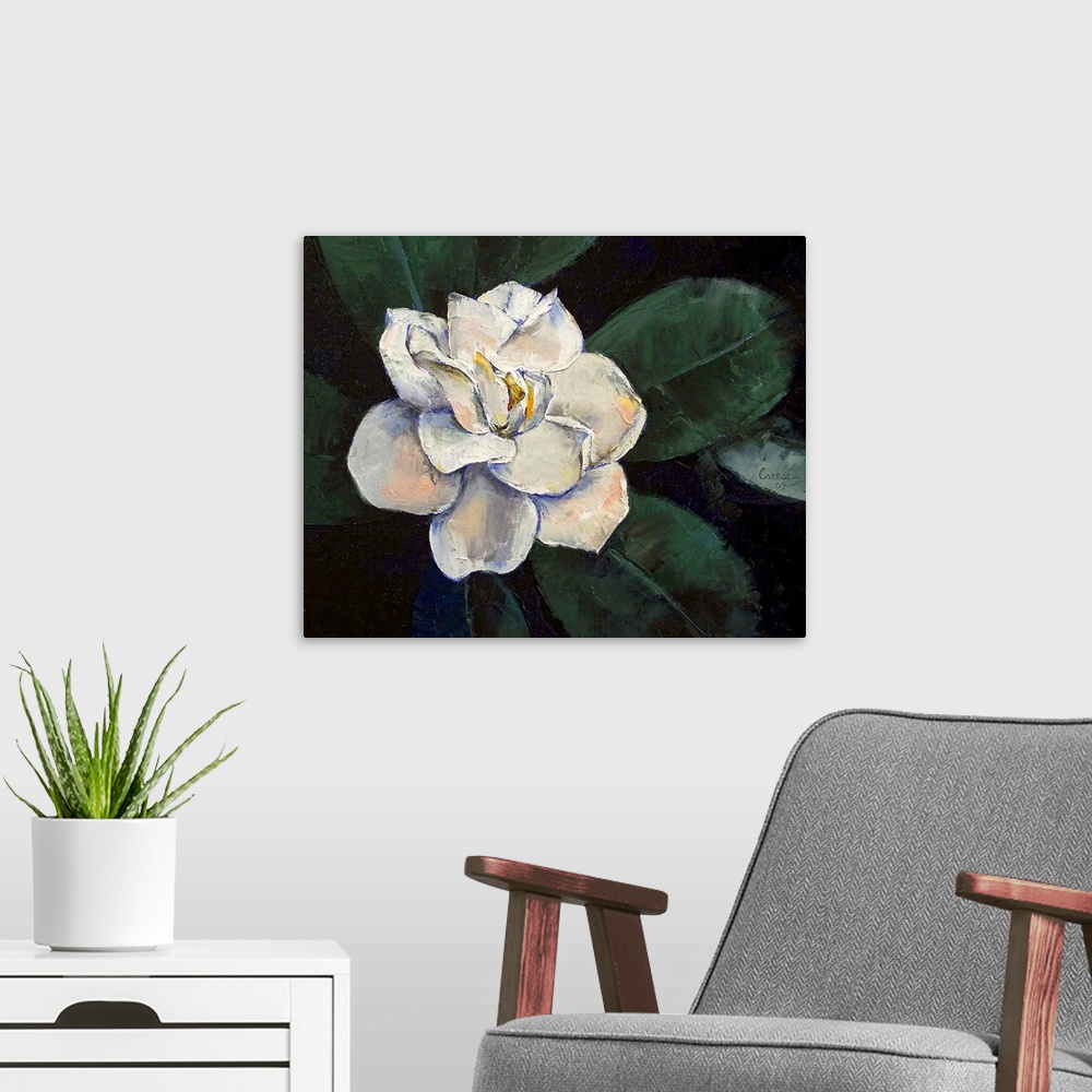 A modern room featuring An oil painting of a large white flower with big green leaves that come out at the sides.