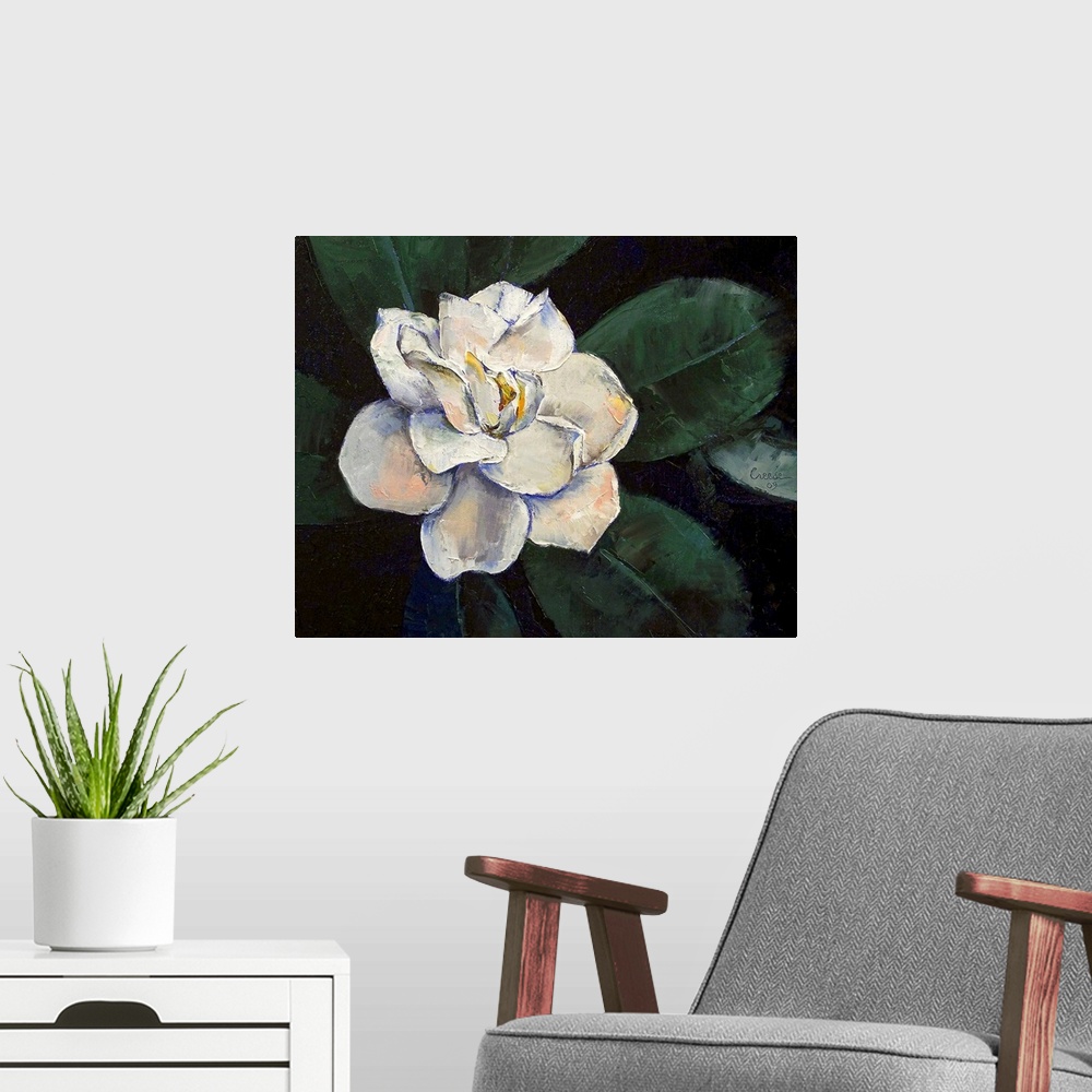 A modern room featuring An oil painting of a large white flower with big green leaves that come out at the sides.
