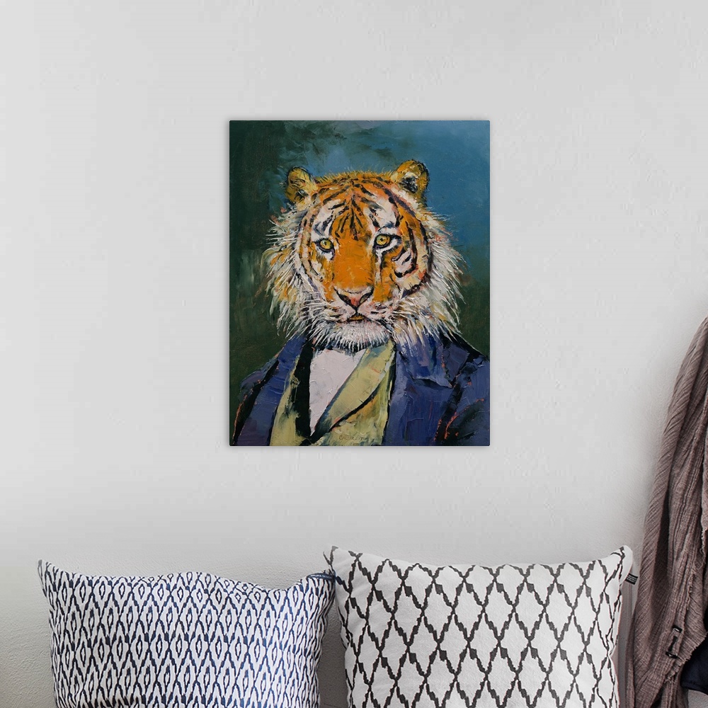 A bohemian room featuring A contemporary painting of tiger wearing a three piece suit.