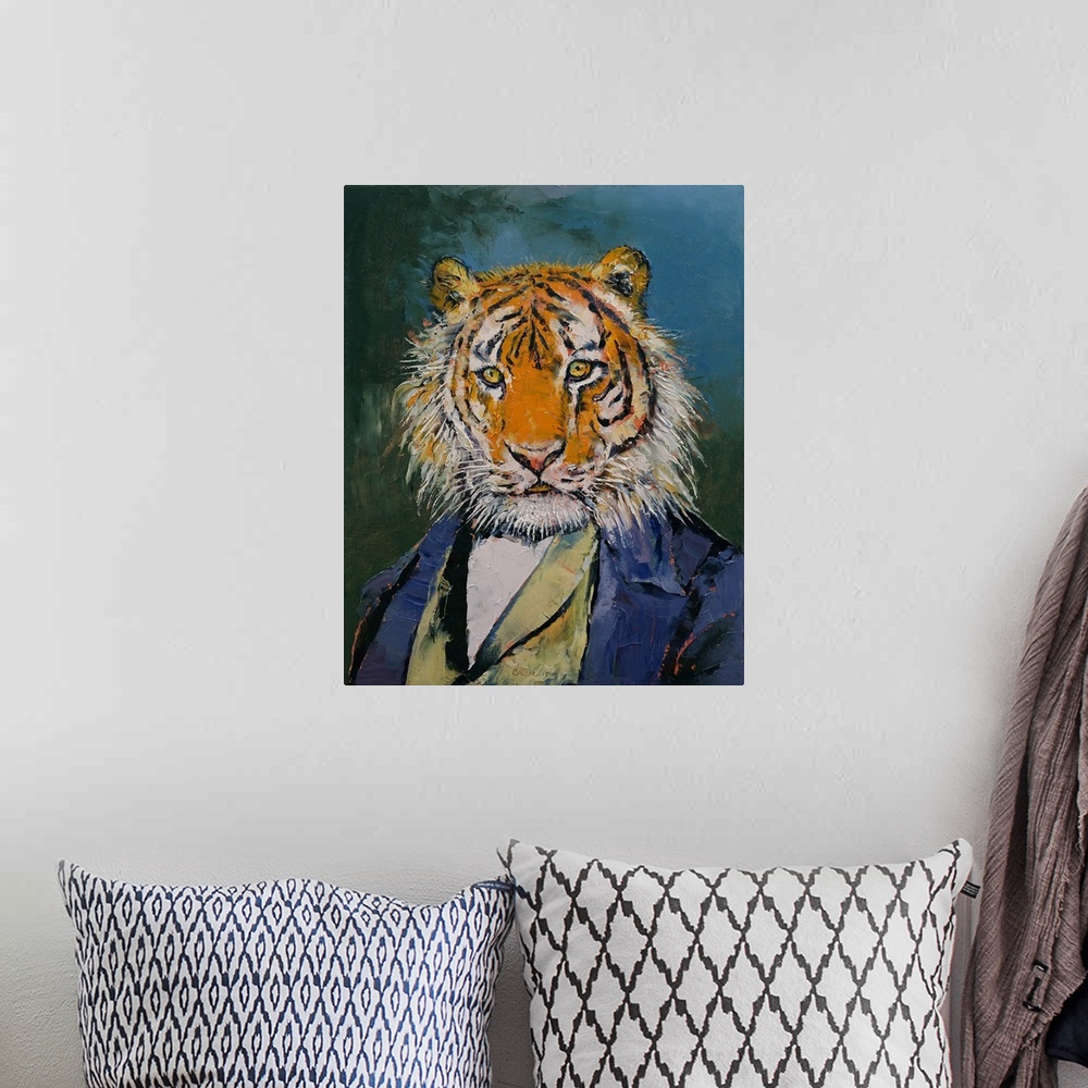A bohemian room featuring A contemporary painting of tiger wearing a three piece suit.