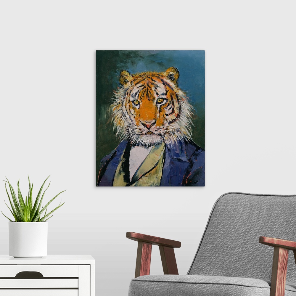 A modern room featuring A contemporary painting of tiger wearing a three piece suit.