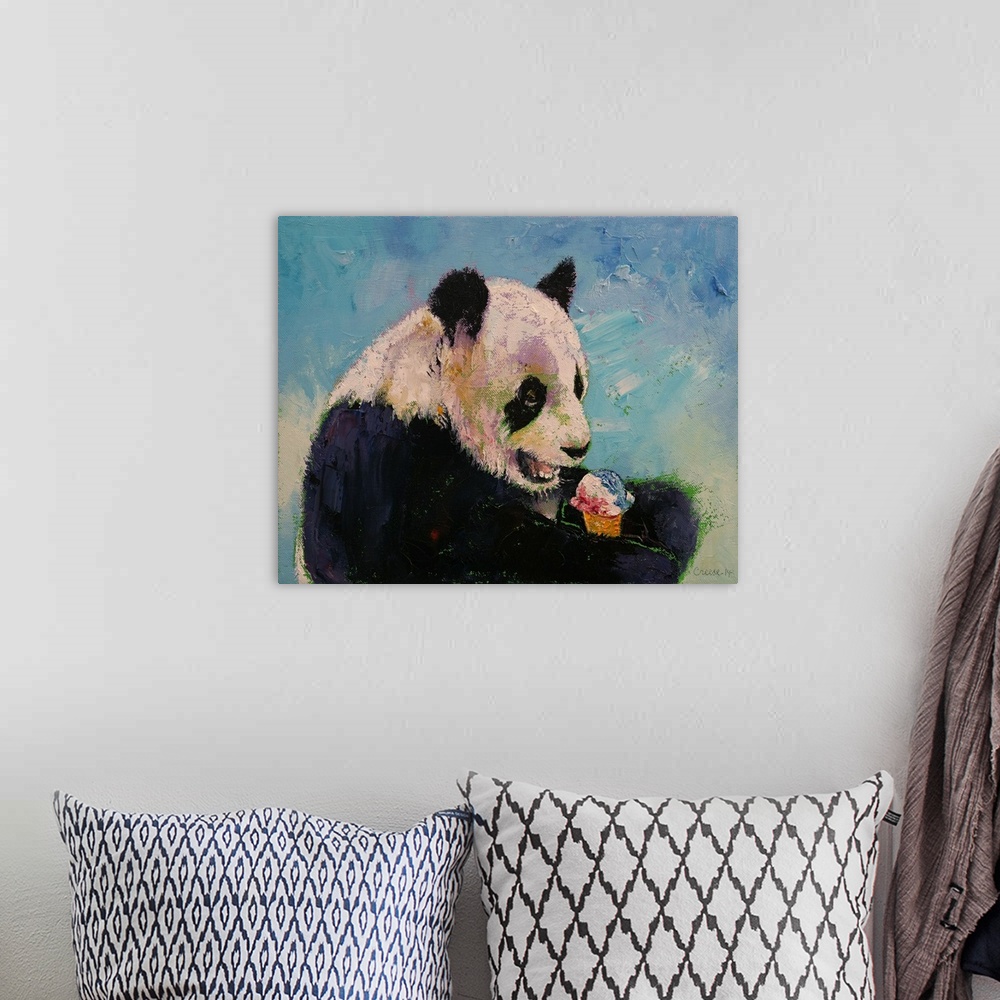 A bohemian room featuring A contemporary painting of a panda bear eating an ice cream cone.