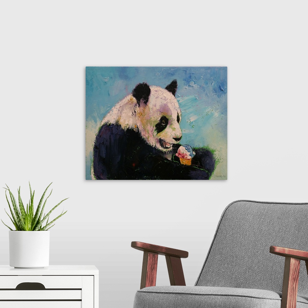A modern room featuring A contemporary painting of a panda bear eating an ice cream cone.