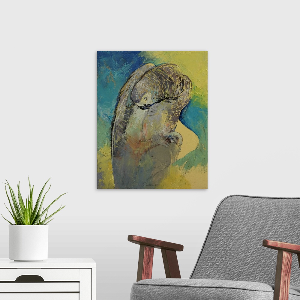 A modern room featuring A contemporary painting of dark green tropical bird.