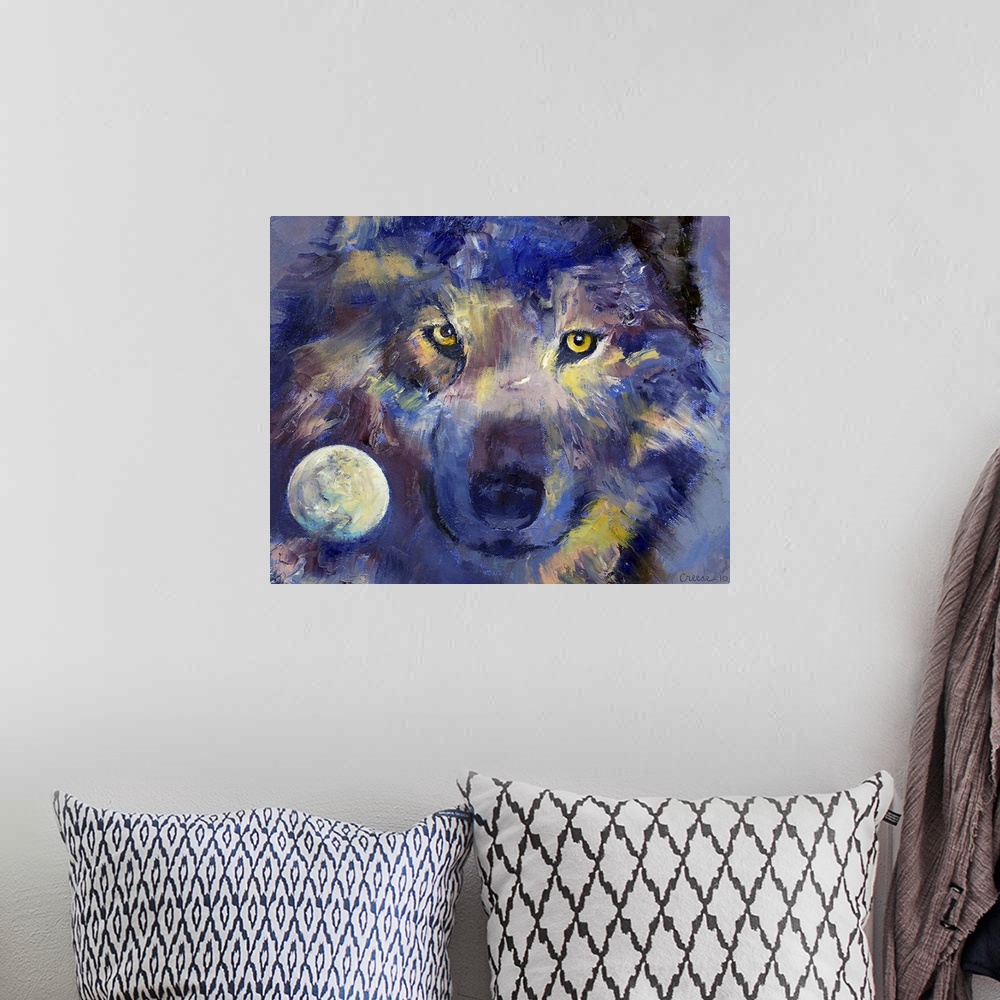 A bohemian room featuring Oil painting with visible brush strokes of a wolf with a full moon inset in the lower left corner...
