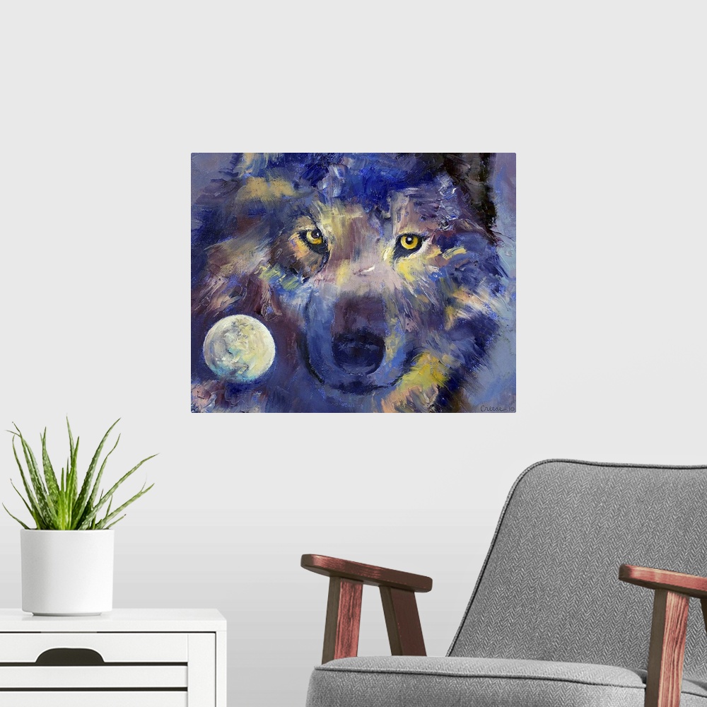 A modern room featuring Oil painting with visible brush strokes of a wolf with a full moon inset in the lower left corner...