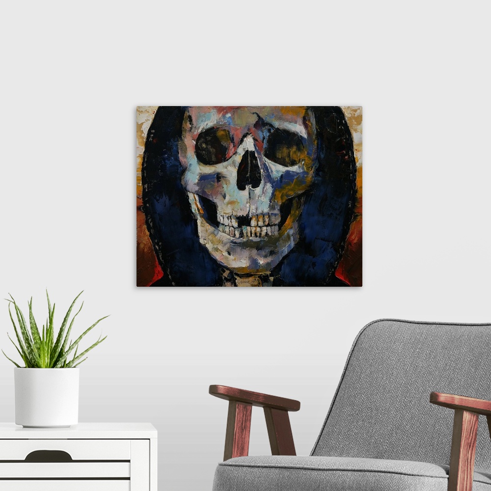 A modern room featuring A contemporary painting of the grim reaper.