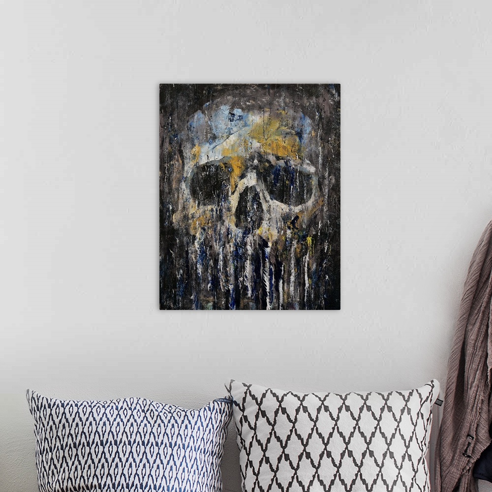 A bohemian room featuring A contemporary painting of a human skull dripping against a black background.