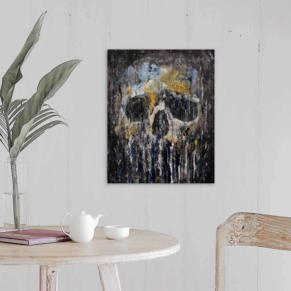 A farmhouse room featuring A contemporary painting of a human skull dripping against a black background.