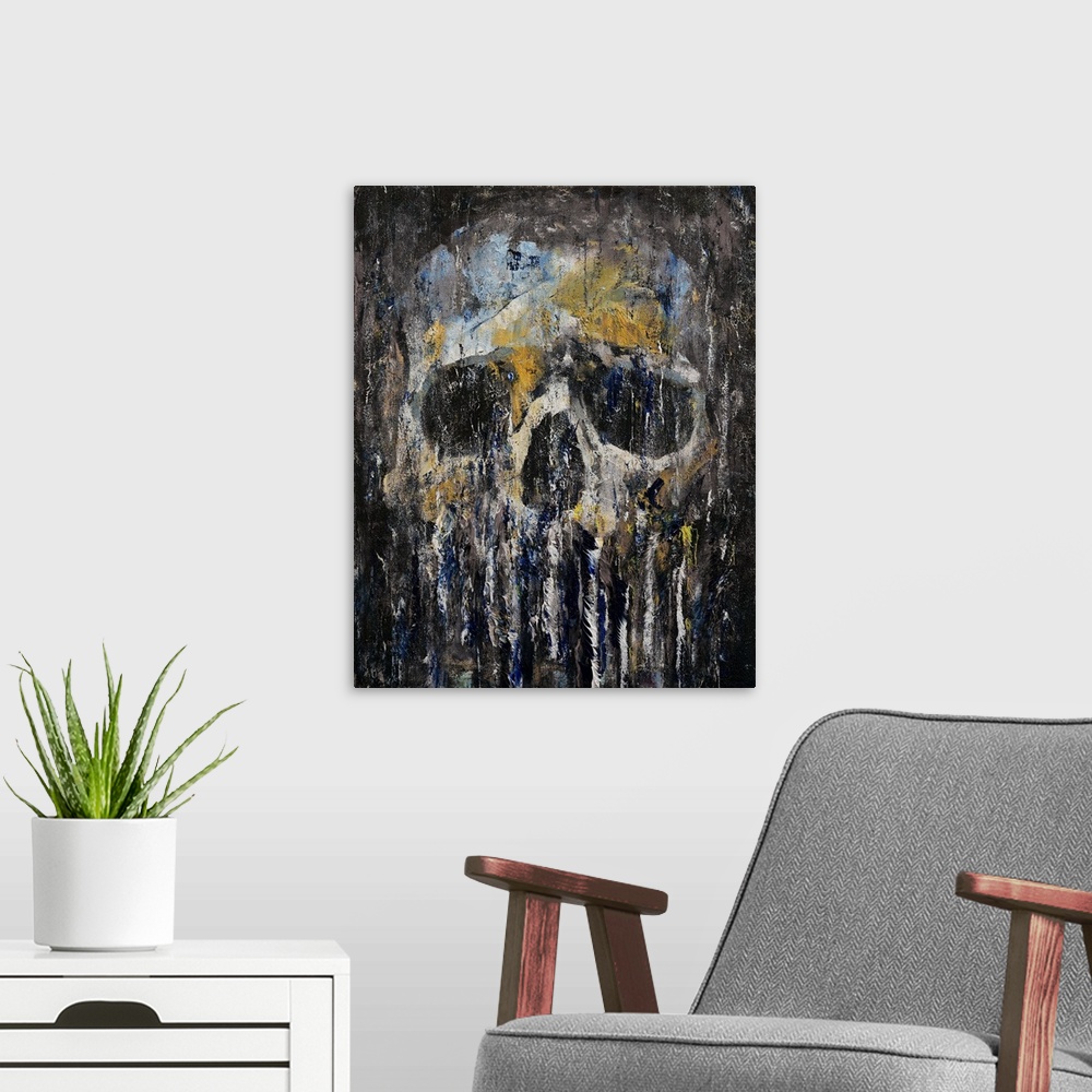A modern room featuring A contemporary painting of a human skull dripping against a black background.