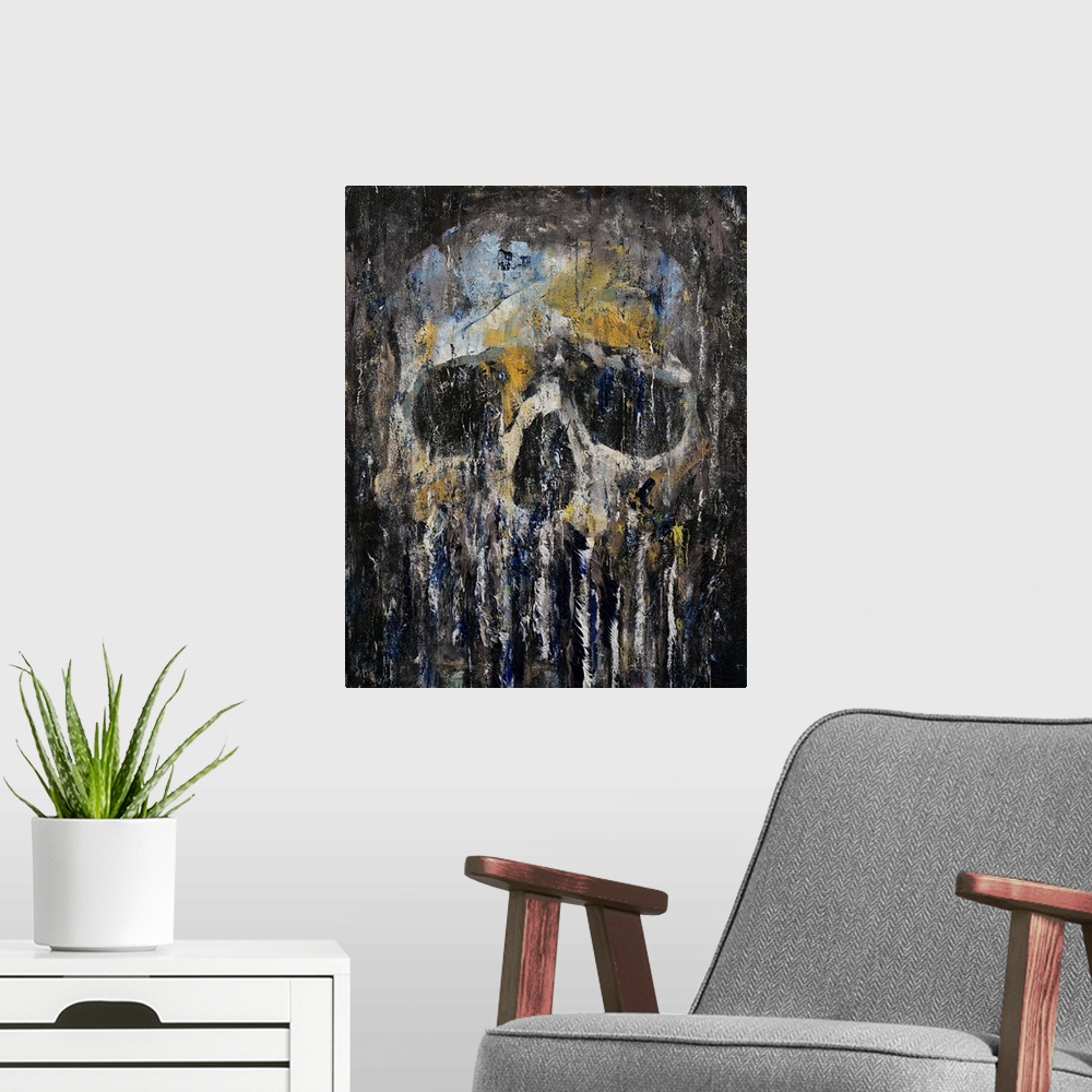 A modern room featuring A contemporary painting of a human skull dripping against a black background.