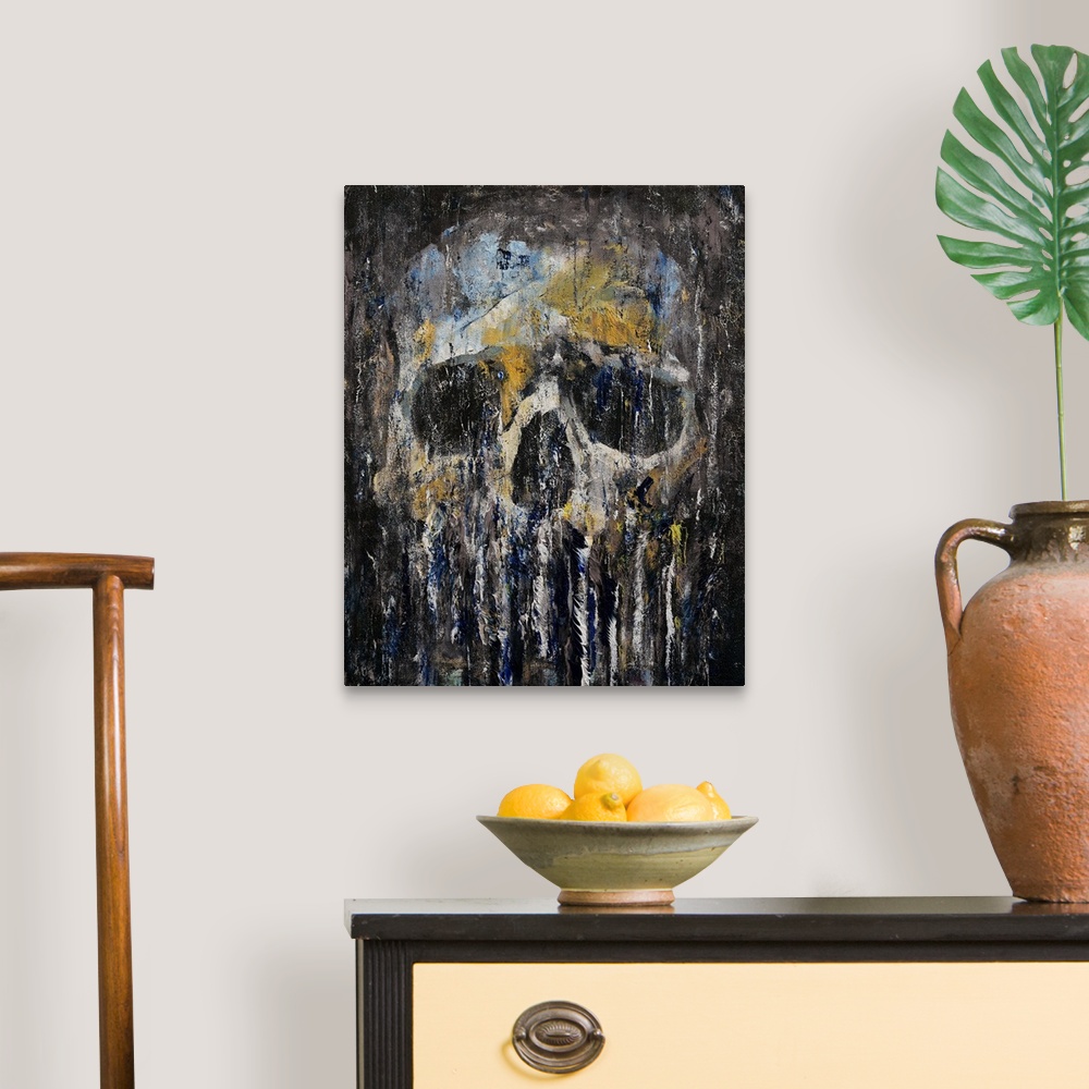 A traditional room featuring A contemporary painting of a human skull dripping against a black background.