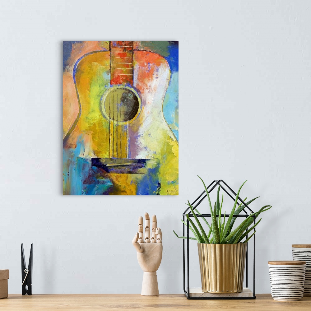 A bohemian room featuring Large contemporary art focuses on the body and strings of a popular musical instrument through th...