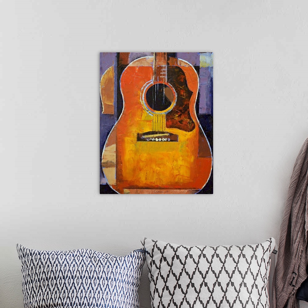 A bohemian room featuring Vertical, large contemporary painting of an acoustic guitar body with rectangular patches around ...