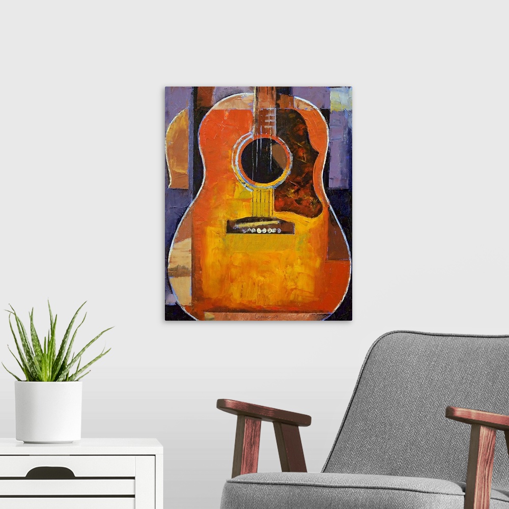 A modern room featuring Vertical, large contemporary painting of an acoustic guitar body with rectangular patches around ...