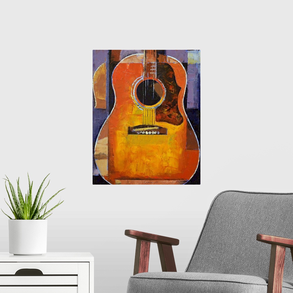 A modern room featuring Vertical, large contemporary painting of an acoustic guitar body with rectangular patches around ...