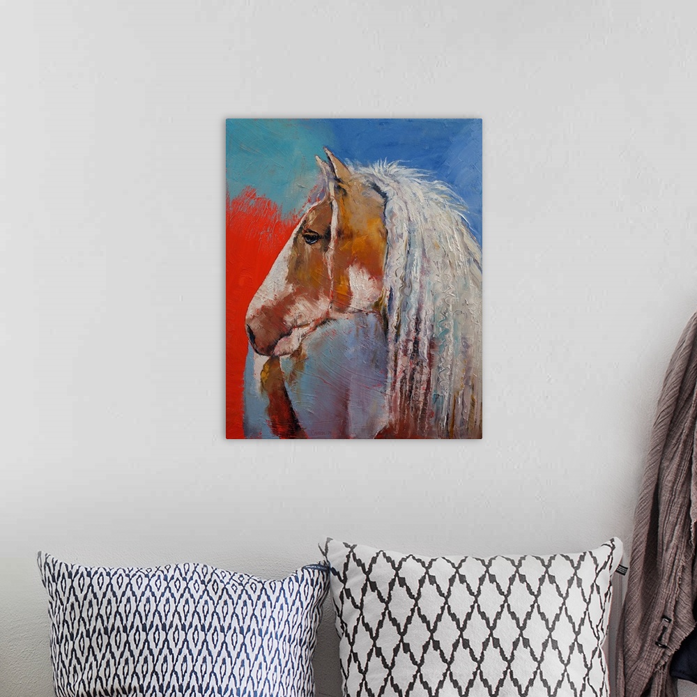 A bohemian room featuring A contemporary painting of a multi-colored horse in profile.
