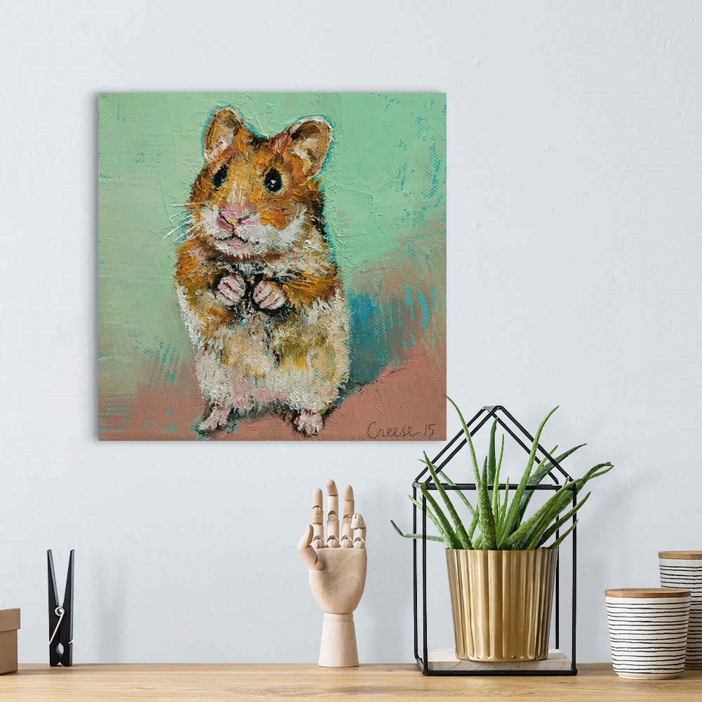 A bohemian room featuring A contemporary painting of a little brown and white hamster against a green and brown background.