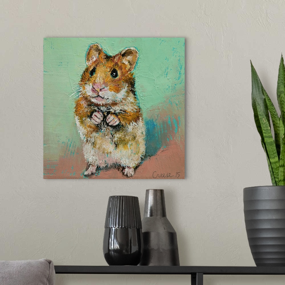 A modern room featuring A contemporary painting of a little brown and white hamster against a green and brown background.