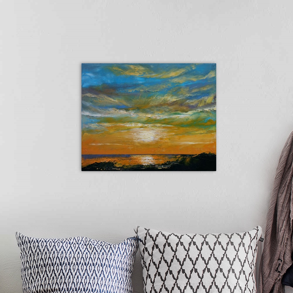 A bohemian room featuring A contemporary painting of a colorful sunset.