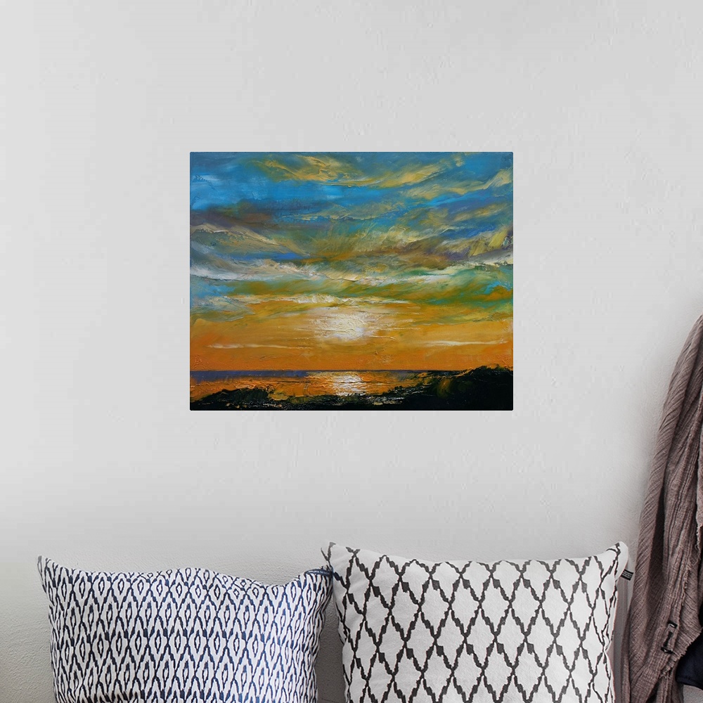 A bohemian room featuring A contemporary painting of a colorful sunset.