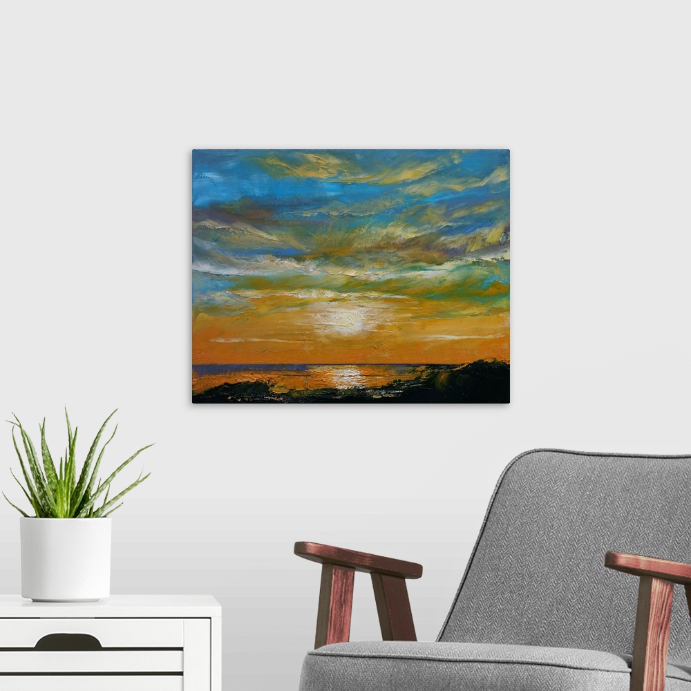 A modern room featuring A contemporary painting of a colorful sunset.