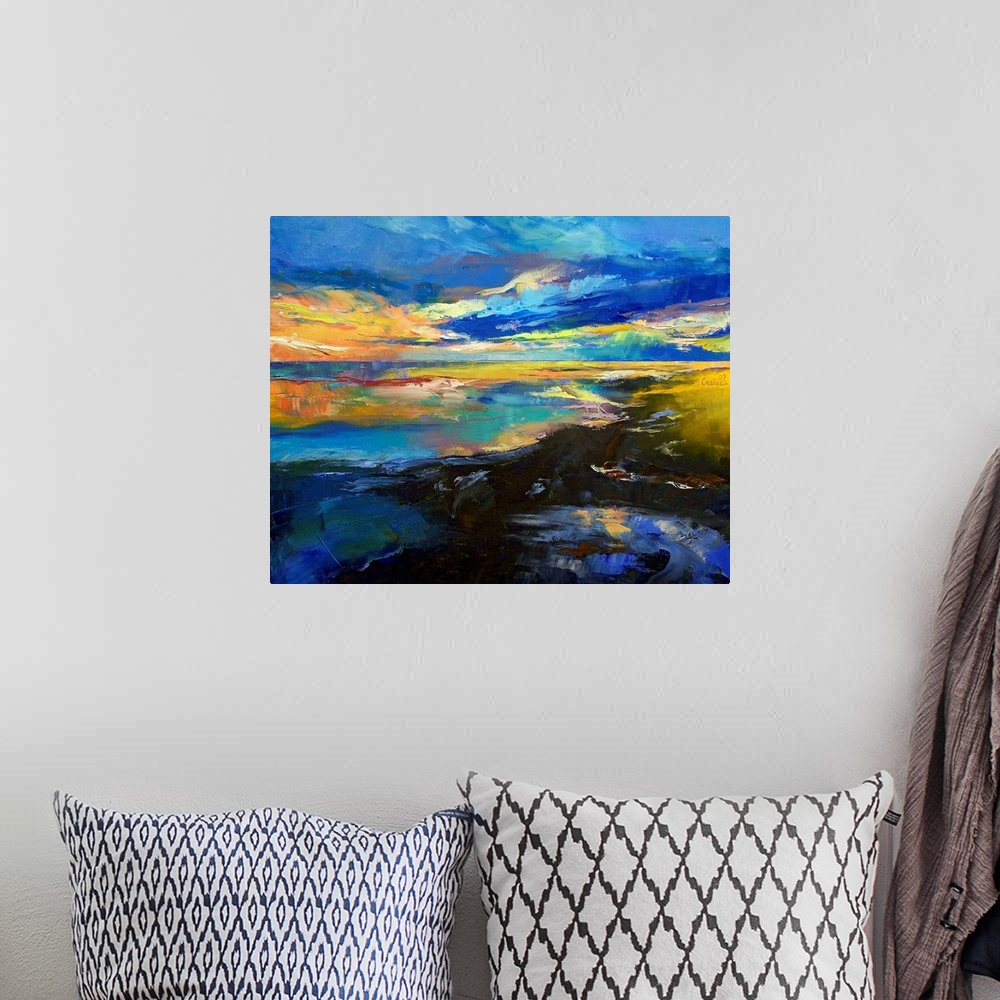 A bohemian room featuring This contemporary seascape painting possesses impressionistic qualities in its brush strokes crea...