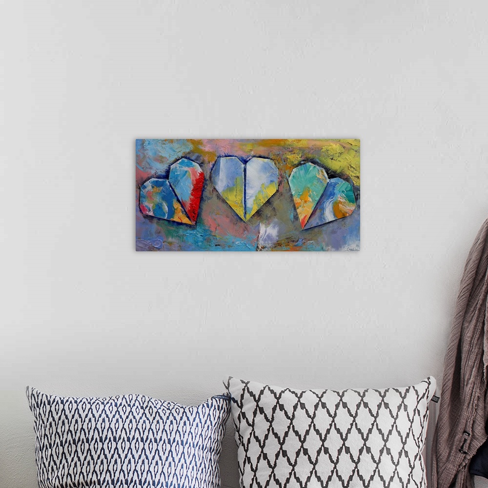 A bohemian room featuring A contemporary painting of origami hearts.